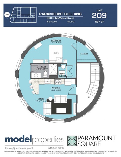 Floor plan for studio, 1 bath, 597 sqft